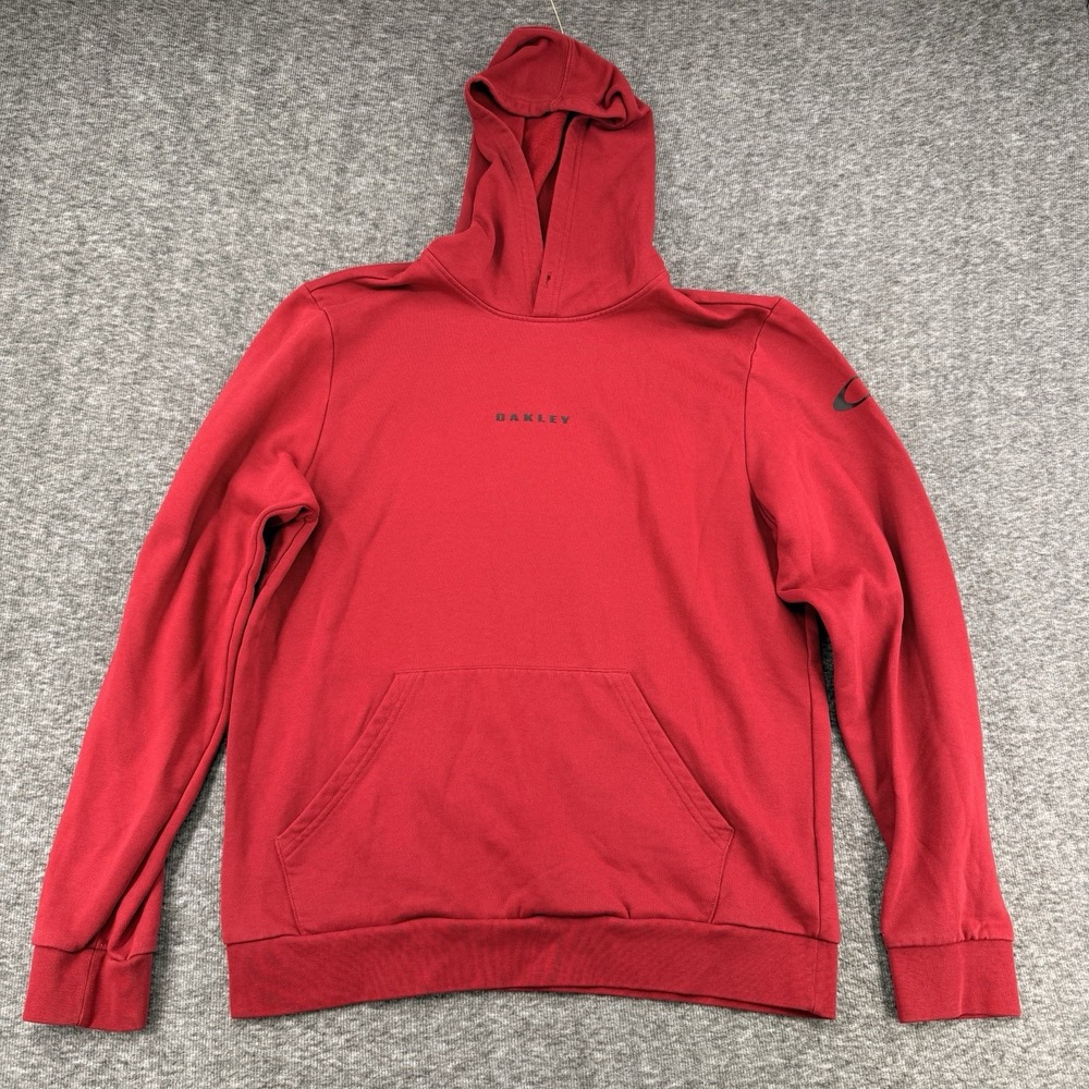 Oakley Pullover Hoodie Mens XL Red Sleeve Graphic Spellout Custom Fit Sweatshirt